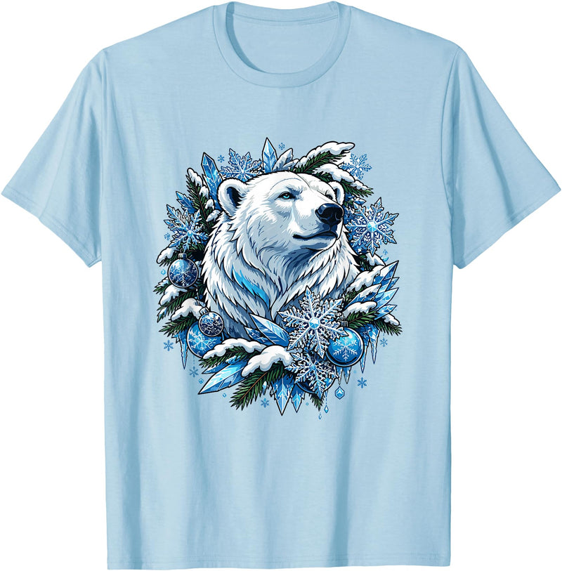 Arctic Polar Bear Winter Snowflakes Christmas Polar Bear Wreath Ice Crystals T-Shirt - Baby Blue