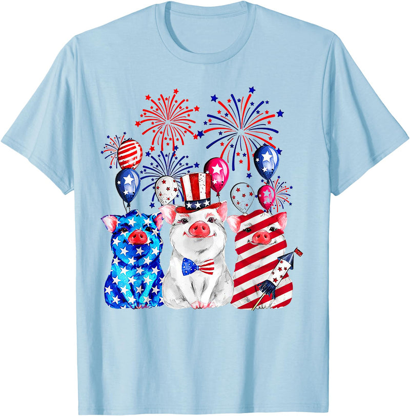 Fireworks American Flag Funny Pig 4th of July Fireworks American Flag Funny Pig Patriotic Farmer 4th July T-Shirt - Baby Blue