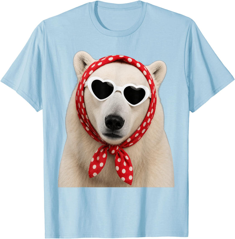 Funny Polar Bear with Sunglasses Cute Polar Bear Lover Heart Sunglasses T-Shirt - Baby Blue