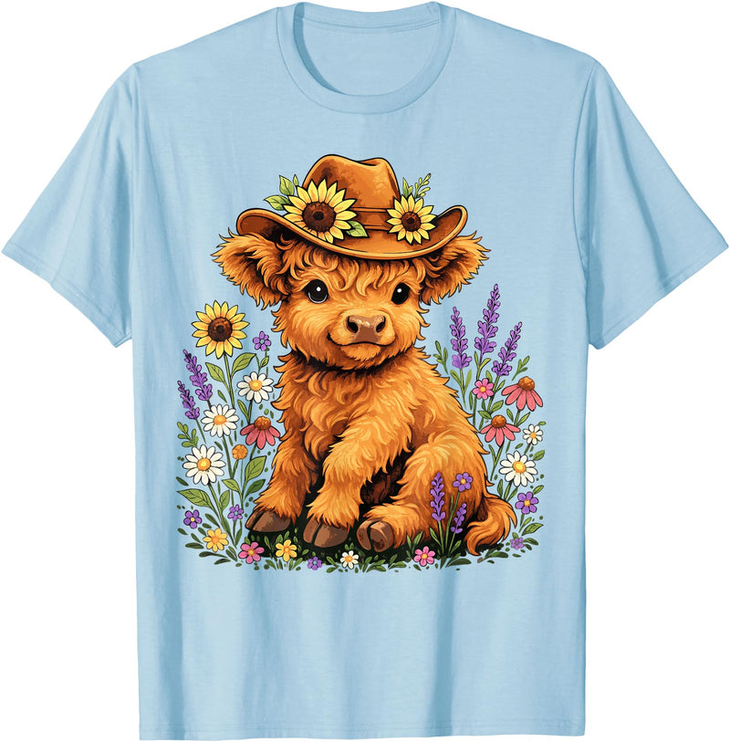 Floral Highland Cow Farm Animal Cute Highland Cow with Flowers and Cowboy Hat T-Shirt - Baby Blue