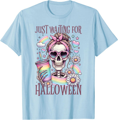Skeleton Summer Just Waiting For Halloween Funny Just Waiting For Halloween Skeleton Spooky Summer T-Shirt