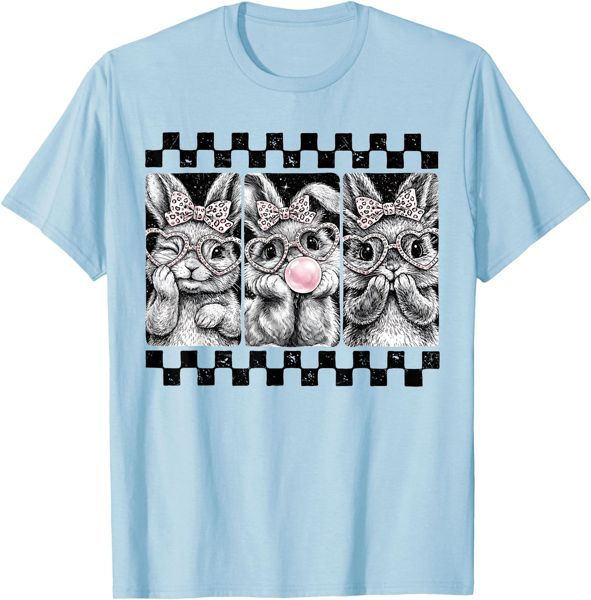 Leopard Bow Bunny Blowing Bubble Checkered Easter Day Girls T-Shirt in Baby Blue