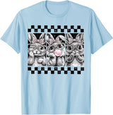Leopard Bow Bunny Blowing Bubble Checkered Easter Day Girls T-Shirt in Baby Blue