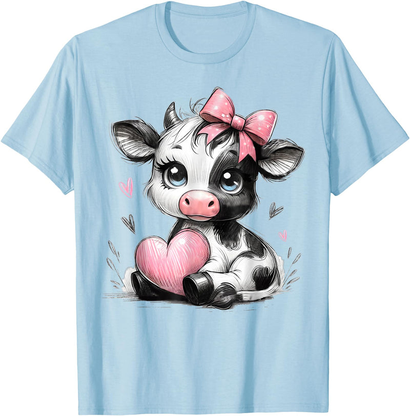 Cow Farmer Coquette Bow Tees Cute Baby Cow with Pink Coquette Bow Holding Heart T-Shirt - Baby Blue