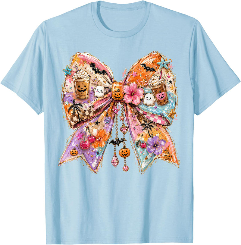 Summerween Tees NYC Summerween Bow Coquette Summer Halloween Ghosts Beach Coffee T-Shirt - Baby Blue