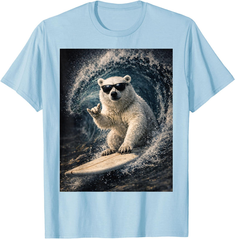 White Bear Surfing Waves Funny Animal Apparel Funny Polar Bear Surfer Catching Waves | Shaka Funny Animal T-Shirt - Baby Blue