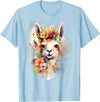 Llama Bloom Studio Cute Llama Floral Crown Watercolor Animal Art T-Shirt - Baby Blue