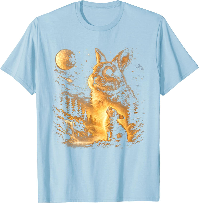 Bunny Howling to the Moon Vintage 90s Animal Easter Day T-Shirt in Baby Blue