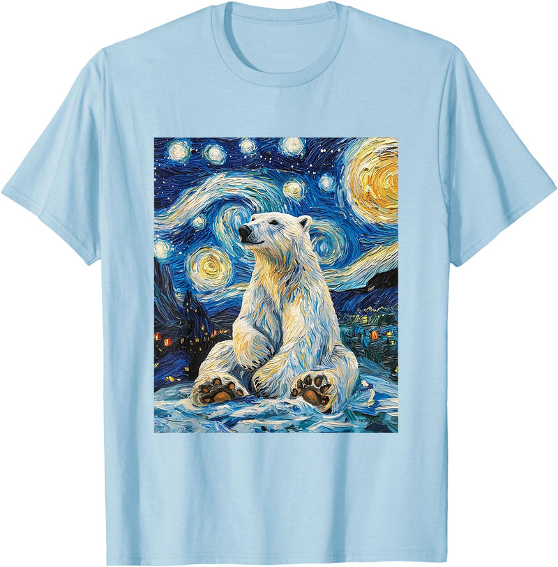 Bear Designs. Cute Polar Bear Van Gogh Style Starry Night Funny Graphic T-Shirt - Baby Blue