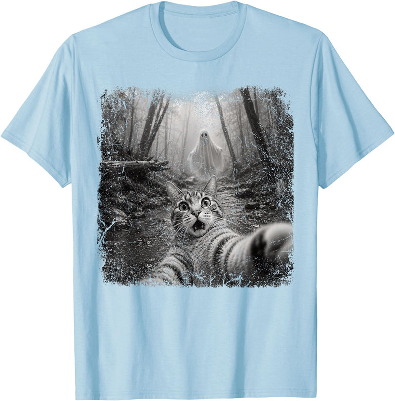 Halloween Ghost Cat Selfie Forest Lat Halloween Ghost Cat Forest Selfie Scared Men Women Kid T-Shirt - Baby Blue