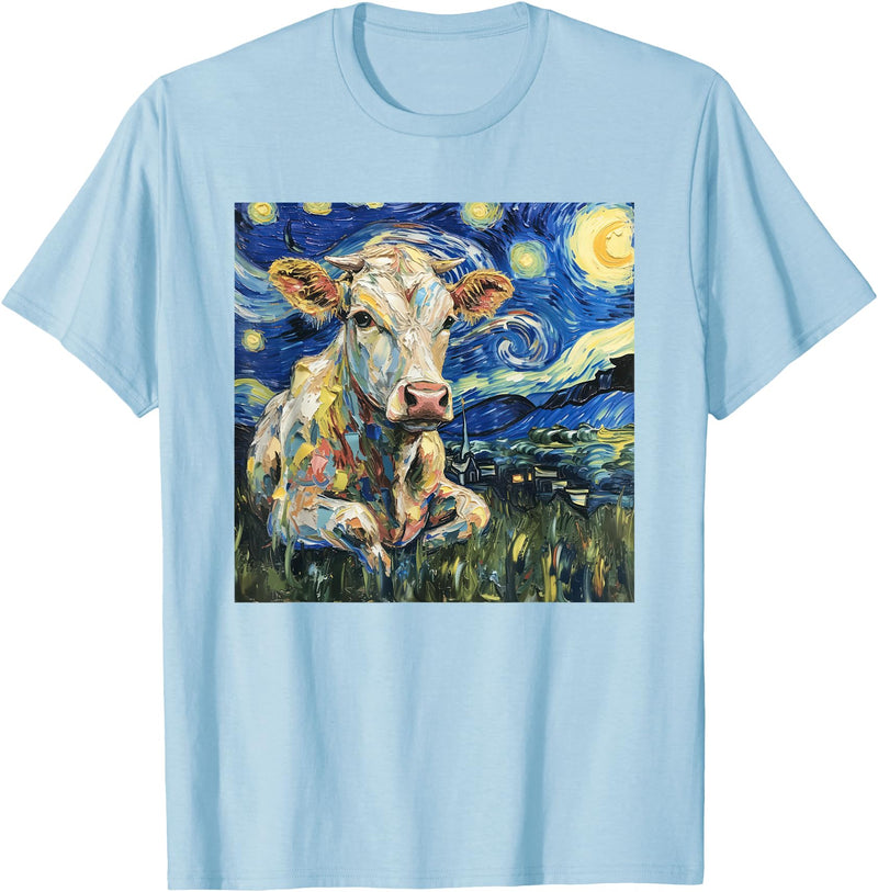 Cow Lover Co. Cow Van Gogh Style Starry Night T-Shirt - Baby Blue