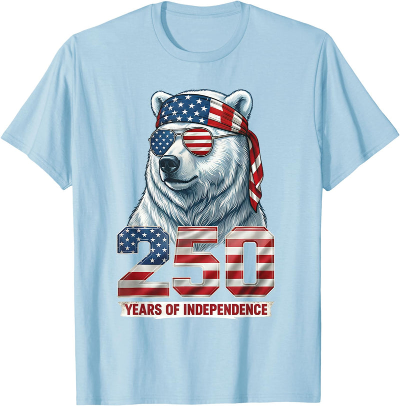 Patriotic Bear Freedom Anniversary Celebration Polar Bear 250 Years of Independence Patriotic America 1776 T-Shirt - Baby Blue