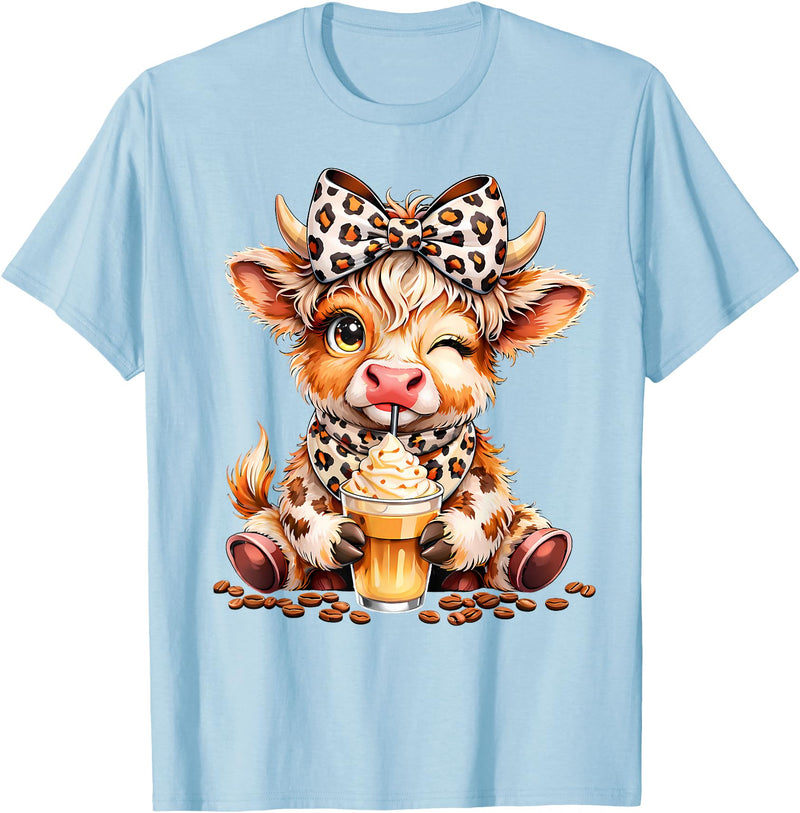 Cute Highland Cow Coffee Addict Leopard Bow Highland Cow Coffee Addict Funny Drink Coffee T-Shirt - Baby Blue
