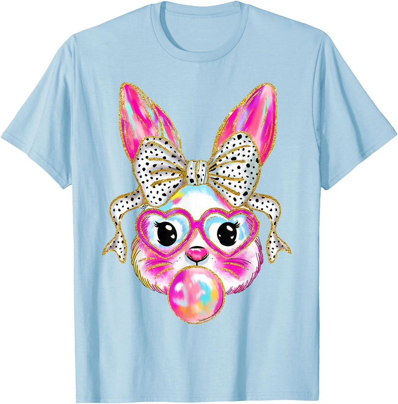 Cute Easter Bunny Bubble Gum Coquette Bow for Girls Women T-Shirt in Baby Blue