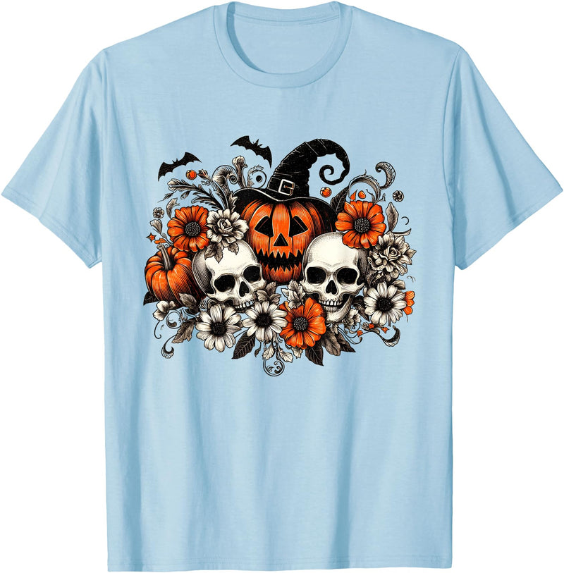 Scary Halloween Skull Pumpkin Halloween Vintage Skull Pumpkin Flowers T-Shirt - Baby Blue