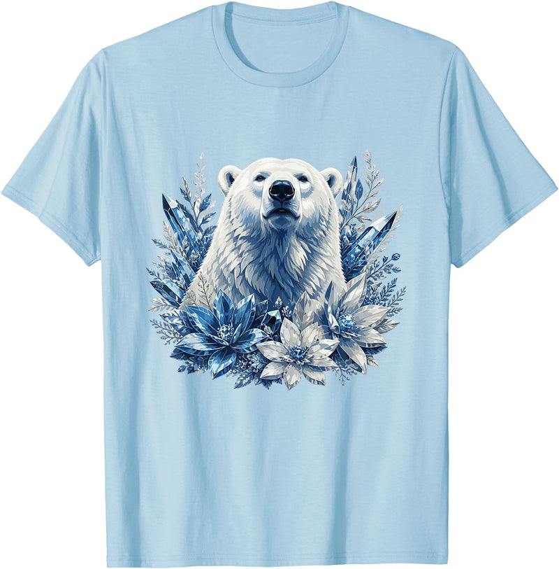 Arctic Polar Bear Winter Floral Nature Ice Blue Snow Polar Bear with Winter Flowers T-Shirt - Baby Blue