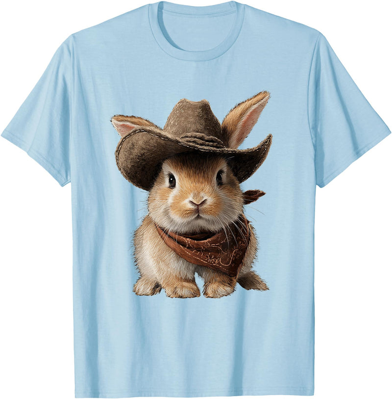 Cute Bunny Rabbit Cowboy Hat Easter Day T-Shirt in Baby Blue