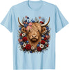 Funny July 4th Highland Cow Farm Lovers Highland Cow Florals 4th of July USA Flag Patriotic Women T-Shirt - Baby Blue