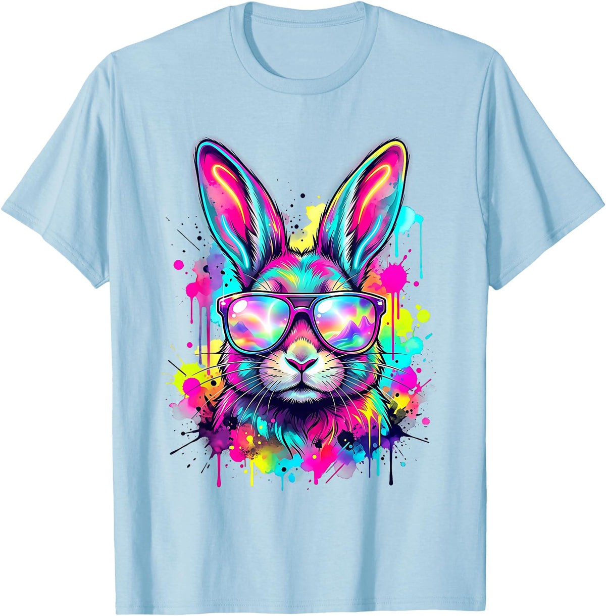 Happy Easter Bunny Face Tie Dye Bunny Rabbit with Glasses T-Shirt in Baby Blue