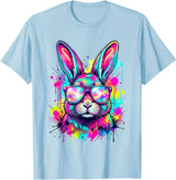 Happy Easter Bunny Face Tie Dye Bunny Rabbit with Glasses T-Shirt in Baby Blue