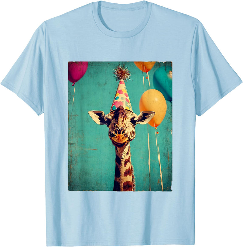 Giraffe Animal Zoo Birthday Party Apparel Unisex-Kids Retro Art Print Giraffe Birthday Party T-Shirt Black Short Sleeve Small - Baby Blue
