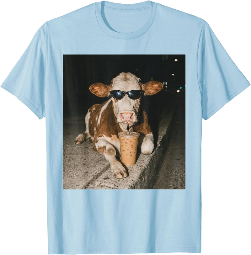 Funny Cow Drinking Iced Coffee Meme Cow Drinking Iced Coffee Funny Animal Meme Tee T-Shirt - Baby Blue
