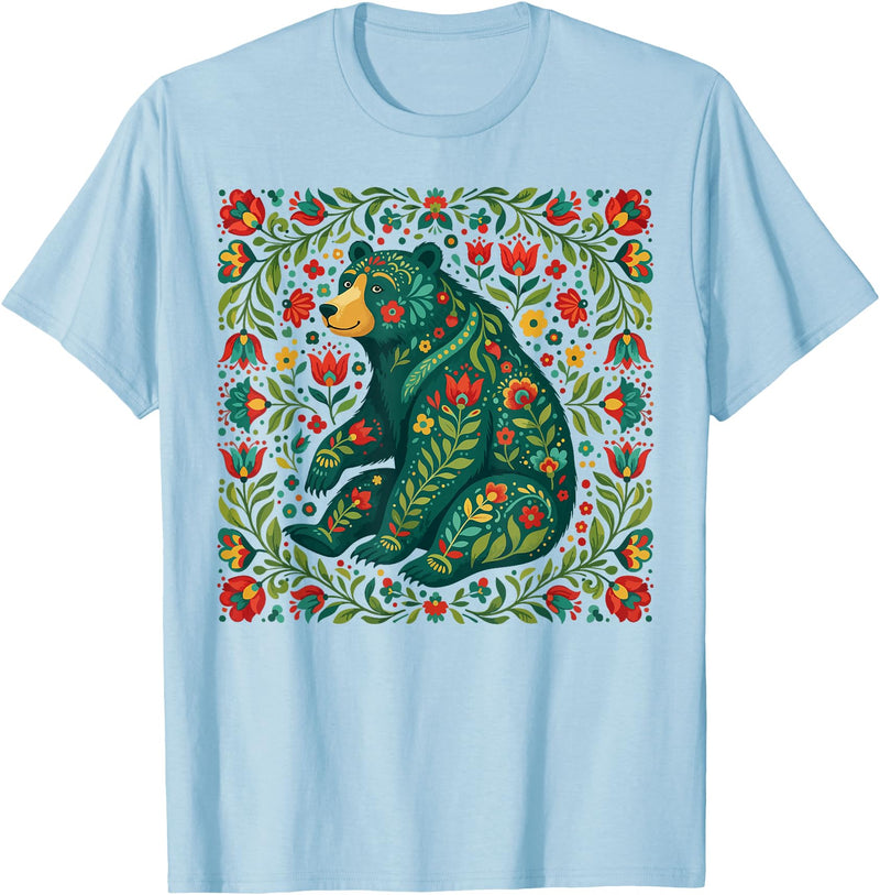 Nordic Scandinavian Folk Art Flower Designs Scandinavian Folk Art Bear Floral Pattern Nordic Animal T-Shirt - Baby Blue