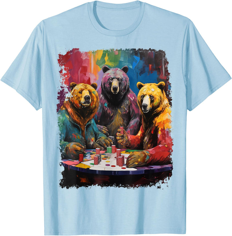 Noah&Friends Playing Card Pop Art Gambling Bears Playing Poker Cards T-Shirt - Baby Blue