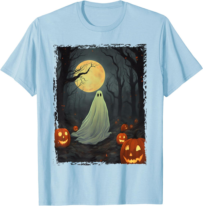 Dibble Dabble Designs Halloween Vintage Ghost in Gothic Forest Full Moon Halloween T-Shirt - Baby Blue