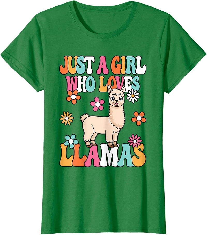 BALARI Just A Girl Who Loves Llamas Cute Groovy Alpaca Llama Kids T-Shirt - Kelly Green