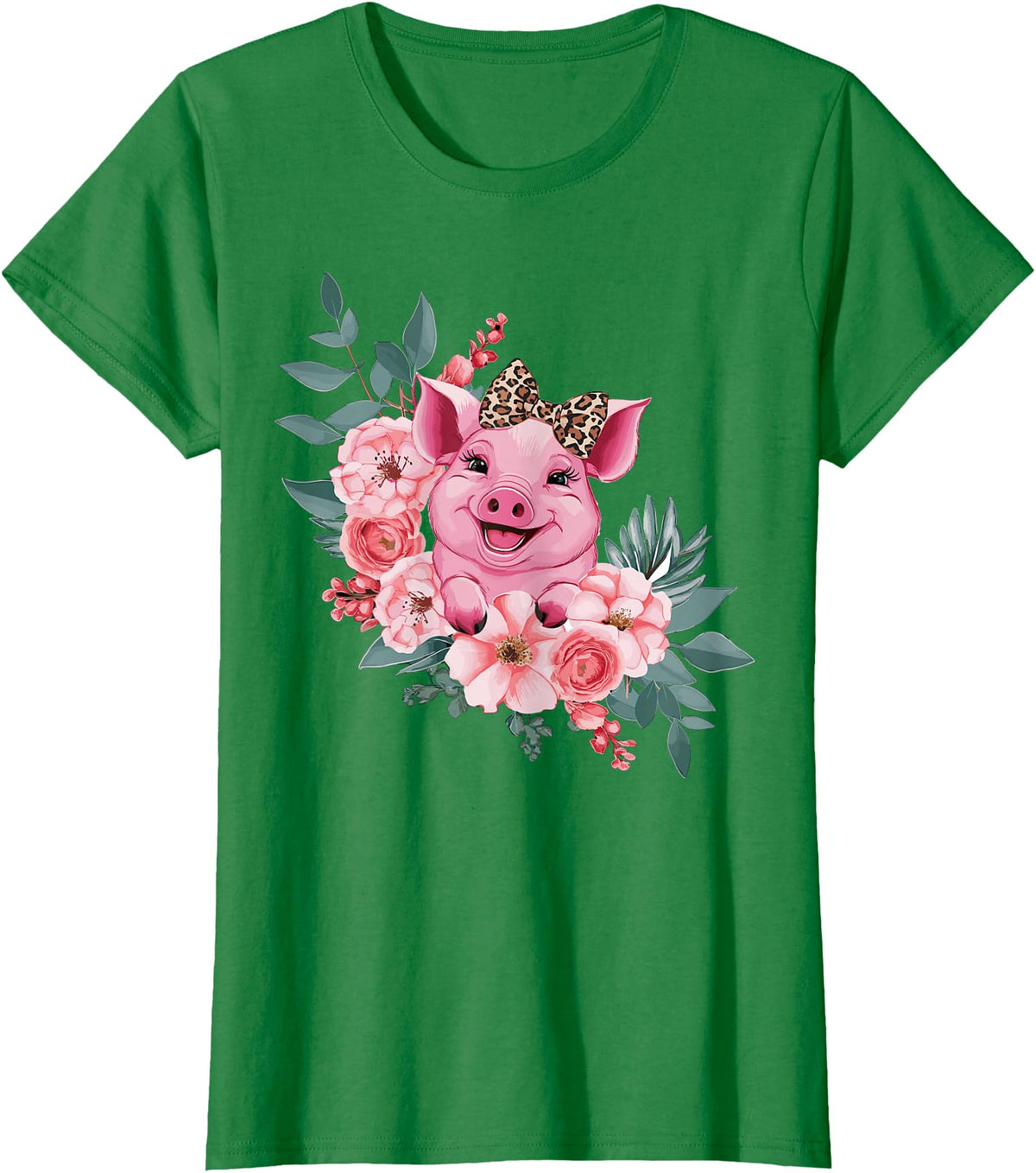Pig Leopard Headband Flower Pig With Leopard Headband Flower Pig Lover T-Shirt - Kelly Green