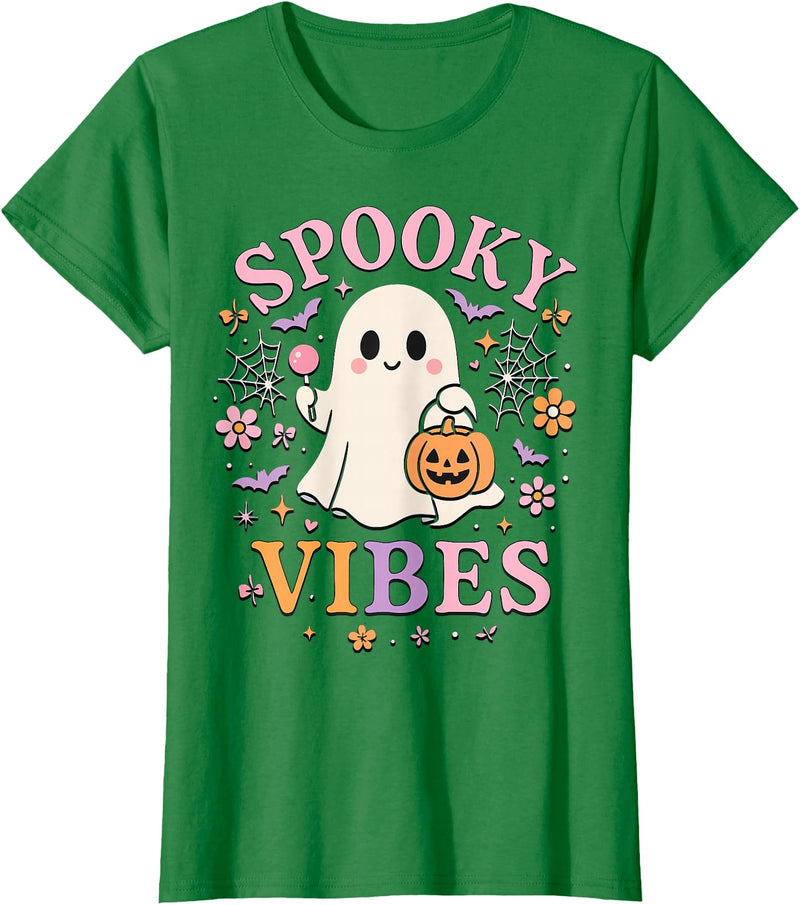 Girls Halloween Ghost Coquette Vibes Tees Spooky Vibes Cute Ghost Halloween for Girls Trick or Treat T-Shirt - Kelly Green