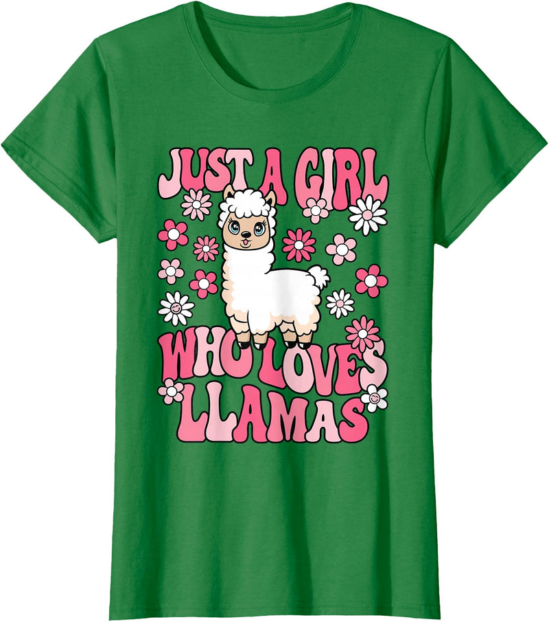 KATYLIN Just A Girl Who Loves Llamas Llama Lover Girls Kids T-Shirt - Kelly Green