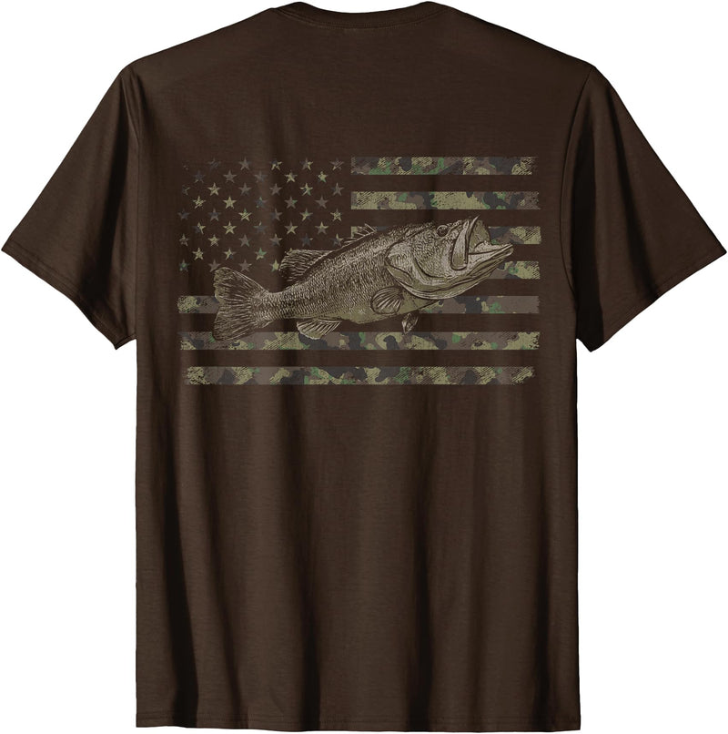 Great American Outdoors Camo Designs Fishing American Flag Camo Bass Fish (Design on Back) T-Shirt - Brown