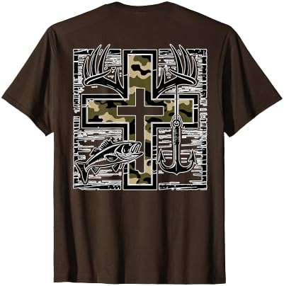 Camo Cross Fishing Faith Christian 2 Sided Hunting Fishing Cross Camo Faith Christian Fisherman Hunter T-Shirt - size chart