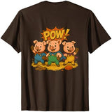 Three Hero Pigs Storytime Legends Bad Wolf in personalized costume 3 Pigs on the back T-Shirt - size chart