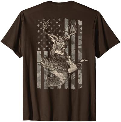 Fishing and Hunting Outdoors Designs Hunting and Fishing American Flag (Design on Front and Back) T-Shirt - size chart