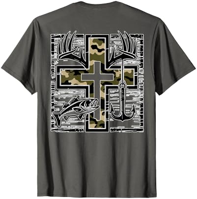Camo Cross Fishing Faith Christian 2 Sided Hunting Fishing Cross Camo Faith Christian Fisherman Hunter T-Shirt - size chart