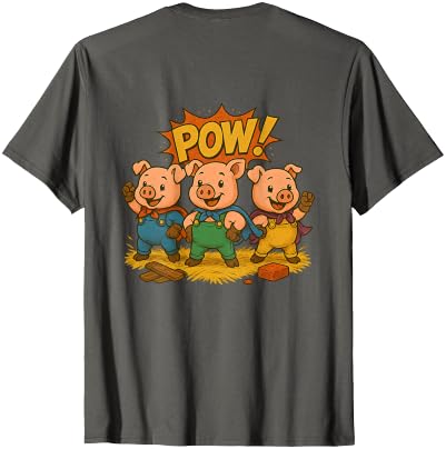 Three Hero Pigs Storytime Legends Bad Wolf in personalized costume 3 Pigs on the back T-Shirt - size chart