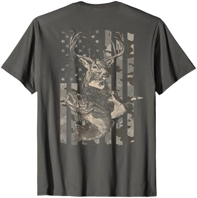 Fishing and Hunting Outdoors Designs Hunting and Fishing American Flag (Design on Front and Back) T-Shirt - size chart