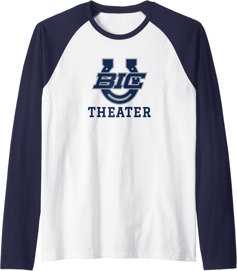 Buffalo Island, Monette, AR 72447 Buffalo Island Central High School Mustangs Theater Raglan Baseball Tee - Navy Blue/White