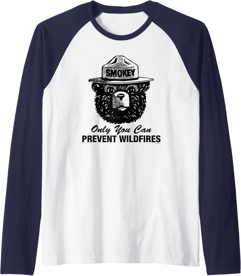 Smokey Bear Only You Can Prevent Wildfires Fire Prevention Raglan Baseball Tee - Navy Blue/White