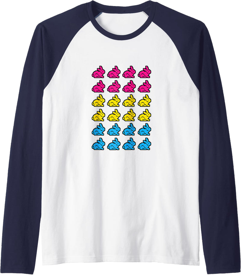 Bunny Rabbit Pixel Art LGBT Pansexual Flag Color Raglan Baseball Tee in Navy Blue/White