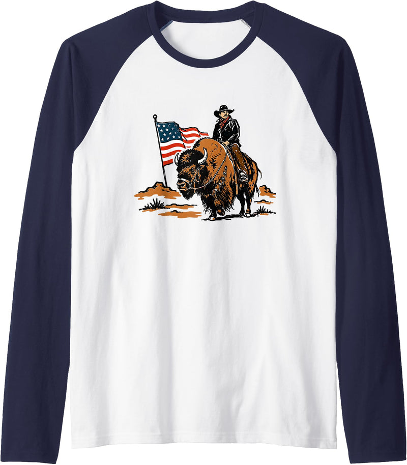American Cowboy Bison Rodeo Patriotic 4th Of July Retro Western Cowboy Riding Buffalo 4th of July Rodeo Summer Raglan