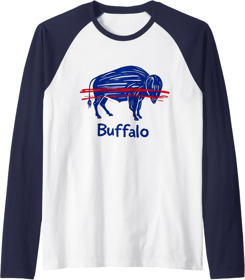 Buffalo Game-Day Designs Funny Drawing Buffalo Women Girls Kids Raglan Baseball Tee - Navy Blue/White