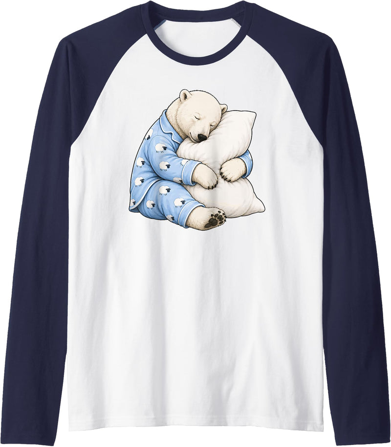 Funny Sleepy Polar Bear Pajama Polar Bear Sleeping in Cute Pajamas Sleep Raglan Baseball Tee - Navy Blue/White