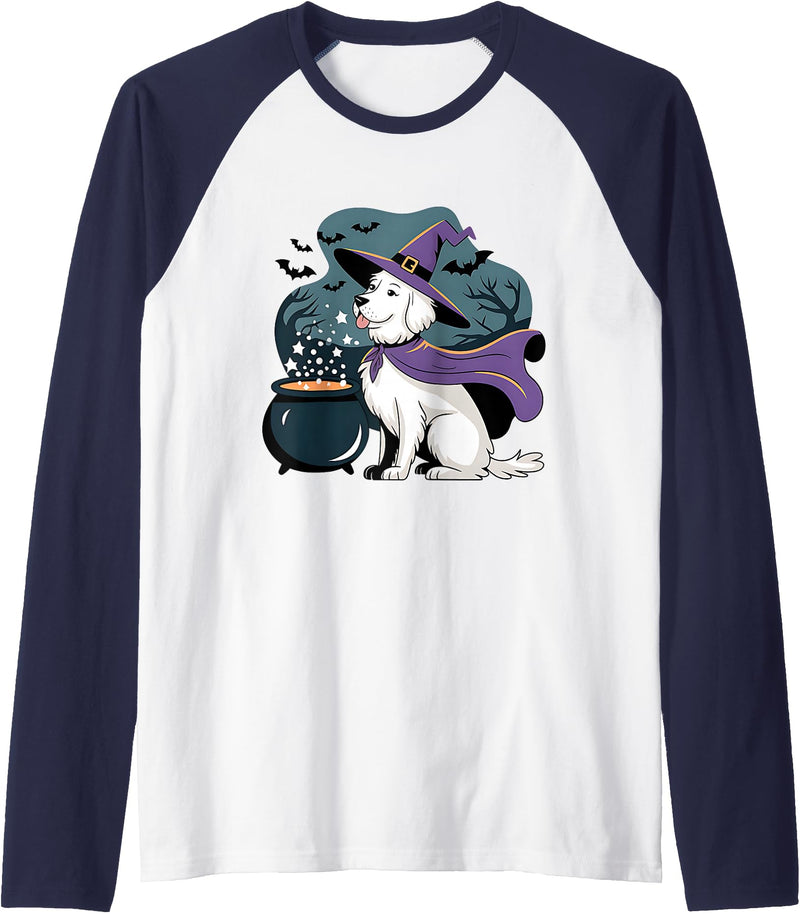 Golden Retriever Witch Dog Halloween Fun Halloween Witch White English Cream Golden Retriever Dog Raglan Baseball Tee - Navy