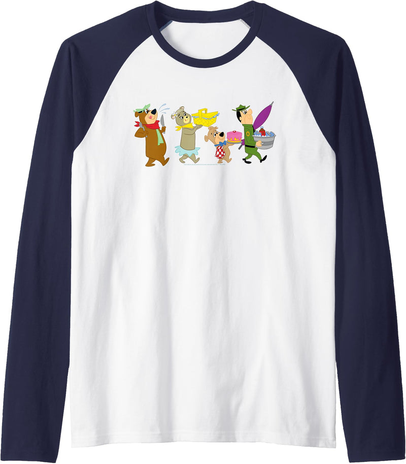 Yogi Bear Marching to the Picnic Raglan Baseball Tee - Navy Blue/White