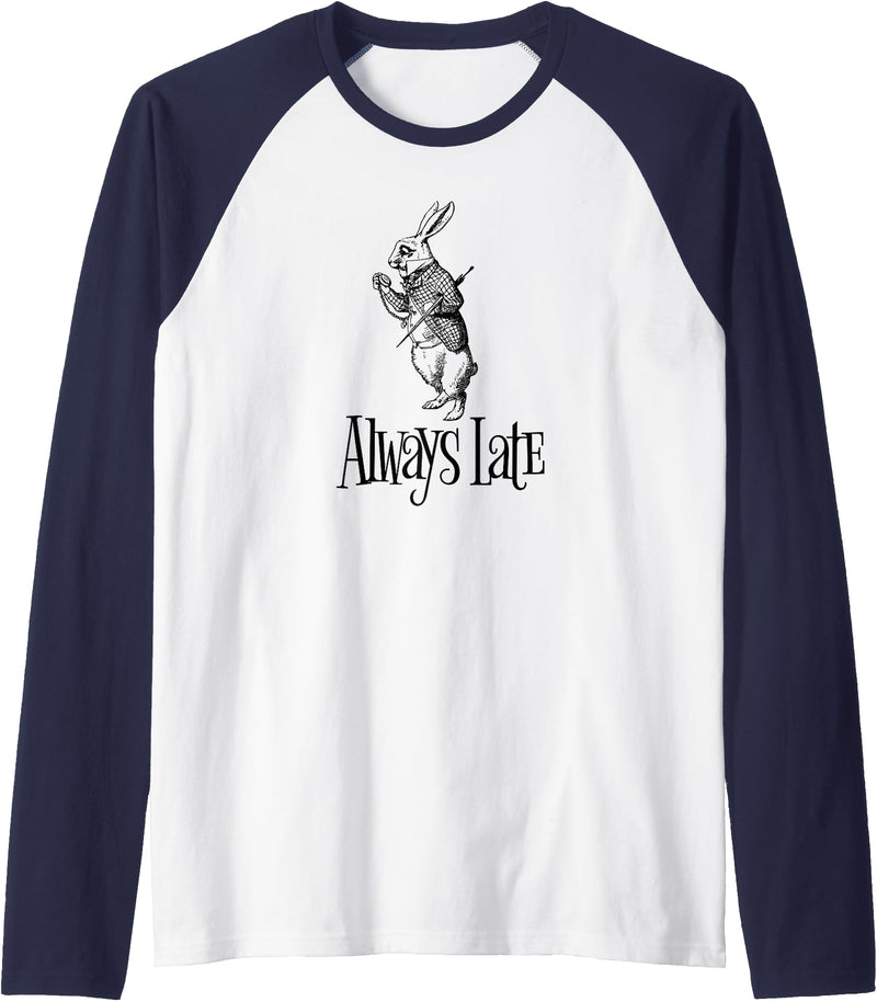Always Late - White Rabbit Alice Wonderland Raglan Baseball Tee in Navy Blue/White