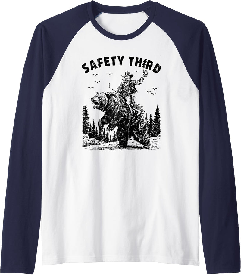 Cowboy Western Bear Tee Safety Third, Funny Guys, Grizzly Bear, Cowboy Western Raglan Baseball Tee - Navy Blue/White